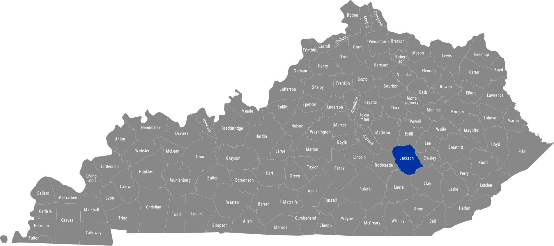 State of Kentucky map with Jackson County highlighted 